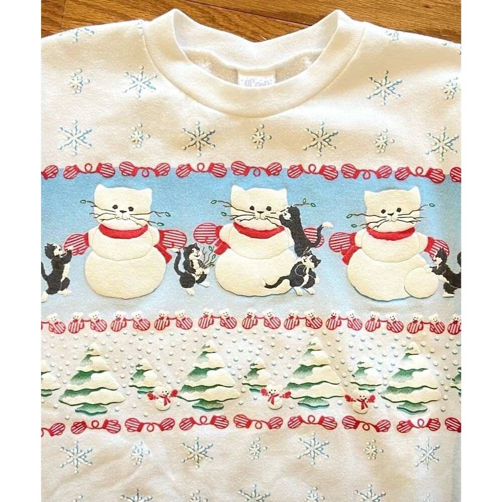 Vintage 90s Scoop by Spumoni Cats Snowmen Christmas Sweatshirt L USA Made